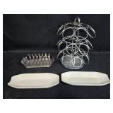 Metal Taco/Toast Rack, Chrome Keurig Pod Stand, and Pair of Ceramic Platters