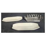 Metal Taco/Toast Rack, Chrome Keurig Pod Stand, and Pair of Ceramic Platters