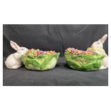 Pair of Ceramic Bunny Figurines with Leaf Bowls and Colorful Accents