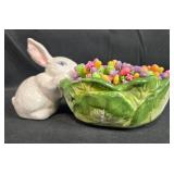 Pair of Ceramic Bunny Figurines with Leaf Bowls and Colorful Accents