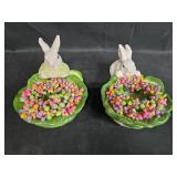 Pair of Ceramic Bunny Figurines with Leaf Bowls and Colorful Accents