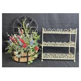 Decorative Wall Basket with Faux Floral Arrangement and 3-Tier Metal Shelf