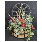 Decorative Wall Basket with Faux Floral Arrangement and 3-Tier Metal Shelf