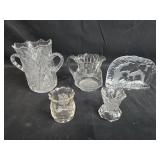 Collection of Vintage Crystal and Glassware with Etched Swedish Ice Sculpture and Floral Mugs
