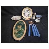 Assorted Vintage Decor Lot Inc Koenigszelt, with Porcelain Plates, Framed Lady Print, Figurine and Candles