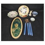 Assorted Vintage Decor Lot Inc Koenigszelt, with Porcelain Plates, Framed Lady Print, Figurine and Candles