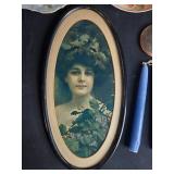 Assorted Vintage Decor Lot Inc Koenigszelt, with Porcelain Plates, Framed Lady Print, Figurine and Candles