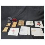 Vintage Embroidered Linens, Framed Sayings, Retro Sunglasses, Sewing Kit, and Sword Pin Collection