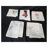 Vintage Embroidered Linens, Framed Sayings, Retro Sunglasses, Sewing Kit, and Sword Pin Collection