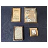 Vintage Embroidered Linens, Framed Sayings, Retro Sunglasses, Sewing Kit, and Sword Pin Collection