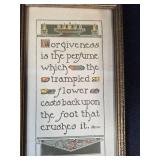 Vintage Embroidered Linens, Framed Sayings, Retro Sunglasses, Sewing Kit, and Sword Pin Collection