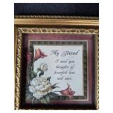 Vintage Embroidered Linens, Framed Sayings, Retro Sunglasses, Sewing Kit, and Sword Pin Collection