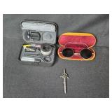 Vintage Embroidered Linens, Framed Sayings, Retro Sunglasses, Sewing Kit, and Sword Pin Collection