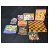 Collection of Books, Puzzles, and Game Board with Wooden Checkers