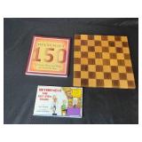 Collection of Books, Puzzles, and Game Board with Wooden Checkers
