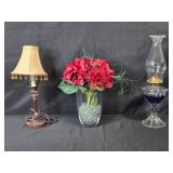 Decorative Lamp, Glass Oil Lamp, and Faux Floral Arrangement Set Decorative Lamp, Glass Oil Lamp, and Faux Floral Arrangement Set
