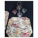 Lot of Floral Placemats with Metal Napkin and Candle Holders Lot of Floral Placemats with Metal Napkin and Candle Holders