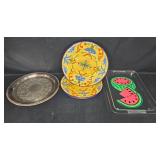 Assorted Serving Tray and Decorative Plate Lot with Silver-Tone, Talavera, and Watermelon Motif Assorted Serving Tray and Decorative Plate Lot with Silver-Tone, Talavera, and Watermelon Motif