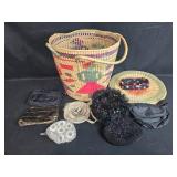 Collection of Assorted Handbags, Coin Purses, and Woven Basket Collection of Assorted Handbags, Coin Purses, and Woven Basket