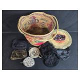 Collection of Assorted Handbags, Coin Purses, and Woven Basket Collection of Assorted Handbags, Coin Purses, and Woven Basket