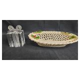 Signed Handmade VTG Woven Ceramic Basket and Silvestri Frosted Glass Present Decor Pair Signed Handmade VTG Woven Ceramic Basket and Silvestri Frosted Glass Present Decor Pair