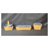 Set of 3 Longaberger Handwoven Baskets with Blue Liners and Inserts Set of 3 Longaberger Handwoven Baskets with Blue Liners and Inserts