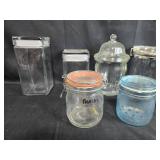 Collection of Assorted Glass Canisters and Jars with Metal Grinder Collection of Assorted Glass Canisters and Jars with Metal Grinder
