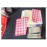 Party Supply Lot with Cups, Table Covers, Food Wrappers and Chopsticks in Storage Bin Party Supply Lot with Cups, Table Covers, Food Wrappers and Chopsticks in Storage Bin