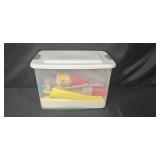 Party Supply Lot with Cups, Table Covers, Food Wrappers and Chopsticks in Storage Bin Party Supply Lot with Cups, Table Covers, Food Wrappers and Chopsticks in Storage Bin