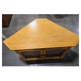 Riley Holliday Corner Oak TV Stand with Glass Doors 47x26x24 in - left handle is loose Riley Holliday Corner Oak TV Stand with Glass Doors 47x26x24 in - left handle is loose