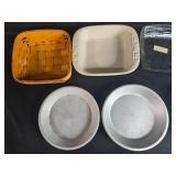Assorted Bakeware Lot with Pie Pans, Casserole Dishes, and Woven Basket Assorted Bakeware Lot with Pie Pans, Casserole Dishes, and Woven Basket