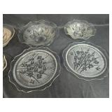 Set of Vintage Pressed Depression Glass Serving Bowls and Plates with Floral Motif - "Iris" Set of Vintage Pressed Depression Glass Serving Bowls and Plates with Floral Motif - "Iris"