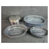 Collection of Graniteware Roasters and Stainless Steel Stock Pot Collection of Graniteware Roasters and Stainless Steel Stock Pot