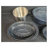 Collection of Graniteware Roasters and Stainless Steel Stock Pot Collection of Graniteware Roasters and Stainless Steel Stock Pot
