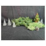 Holiday Decor Lot with Glass Trees, Faux Pine Garland, and Mini Decorated Christmas Tree Holiday Decor Lot with Glass Trees, Faux Pine Garland, and Mini Decorated Christmas Tree