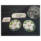 Glass Cake Stand with Dome and Magnolia Serving Plates Set Glass Cake Stand with Dome and Magnolia Serving Plates Set