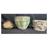 Collection of 3 Decorative Garden Items Planters and Painted Stone Collection of 3 Decorative Garden Items Planters and Painted Stone