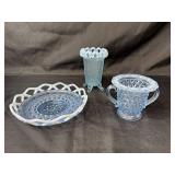 Set of 3 Blue Fenton Opalescent Glassware Pieces with Lattice Edges Set of 3 Blue Fenton Opalescent Glassware Pieces with Lattice Edges