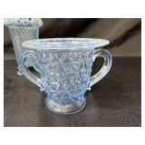 Set of 3 Blue Fenton Opalescent Glassware Pieces with Lattice Edges Set of 3 Blue Fenton Opalescent Glassware Pieces with Lattice Edges