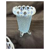Set of 3 Blue Fenton Opalescent Glassware Pieces with Lattice Edges Set of 3 Blue Fenton Opalescent Glassware Pieces with Lattice Edges