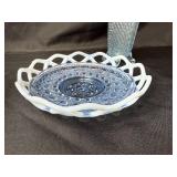 Set of 3 Blue Fenton Opalescent Glassware Pieces with Lattice Edges Set of 3 Blue Fenton Opalescent Glassware Pieces with Lattice Edges