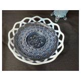 Set of 3 Blue Fenton Opalescent Glassware Pieces with Lattice Edges Set of 3 Blue Fenton Opalescent Glassware Pieces with Lattice Edges