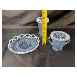 Set of 3 Blue Fenton Opalescent Glassware Pieces with Lattice Edges Set of 3 Blue Fenton Opalescent Glassware Pieces with Lattice Edges