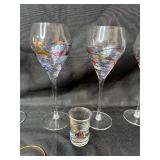 Set of Painted Wine Glasses with Shot Glass and Wine Charms Set of Painted Wine Glasses with Shot Glass and Wine Charms