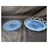 Pair of Blue Fenton Glass Lace Edge Bowls with Pressed Pattern Pair of Blue Fenton Glass Lace Edge Bowls with Pressed Pattern