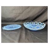 Pair of Blue Fenton Glass Lace Edge Bowls with Pressed Pattern Pair of Blue Fenton Glass Lace Edge Bowls with Pressed Pattern