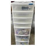 Plastic 6-Drawer Storage Tower with Craft Supplies, Ribbons, and Tape - wheels in drawer untested Plastic 6-Drawer Storage Tower with Craft Supplies, Ribbons, and Tape - wheels in drawer untested