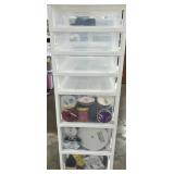 Plastic 6-Drawer Storage Tower with Craft Supplies, Ribbons, and Tape - wheels in drawer untested Plastic 6-Drawer Storage Tower with Craft Supplies, Ribbons, and Tape - wheels in drawer untested