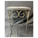 Vintage Wrought Iron Plant Stand and Shawnee USA Pottery Planter (cracked) with Artificial Flowers Vintage Wrought Iron Plant Stand and Shawnee USA Pottery Planter (cracked) with Artificial Flowers