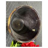 Vintage Wrought Iron Plant Stand and Shawnee USA Pottery Planter (cracked) with Artificial Flowers Vintage Wrought Iron Plant Stand and Shawnee USA Pottery Planter (cracked) with Artificial Flowers